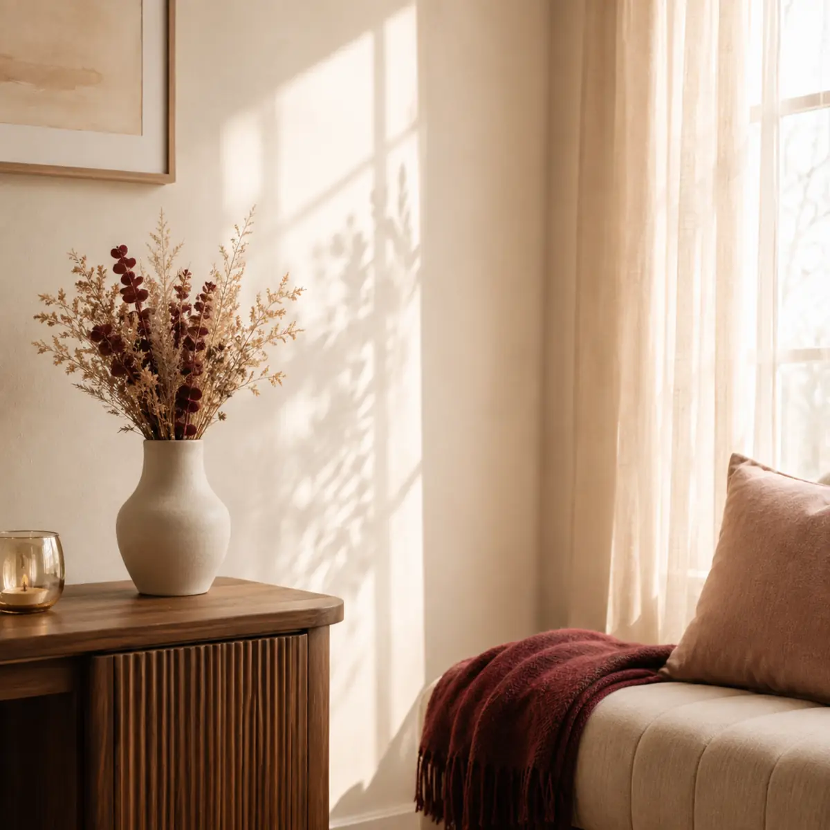 A warm, sunlit office corner with dried flowers, a wooden cabinet, and a cushioned seat